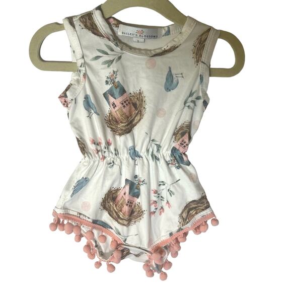 Bailey's Blossoms White Pink Bird Nest Pom Pom Romper Size S 3-6 Months - Picture 1 of 3